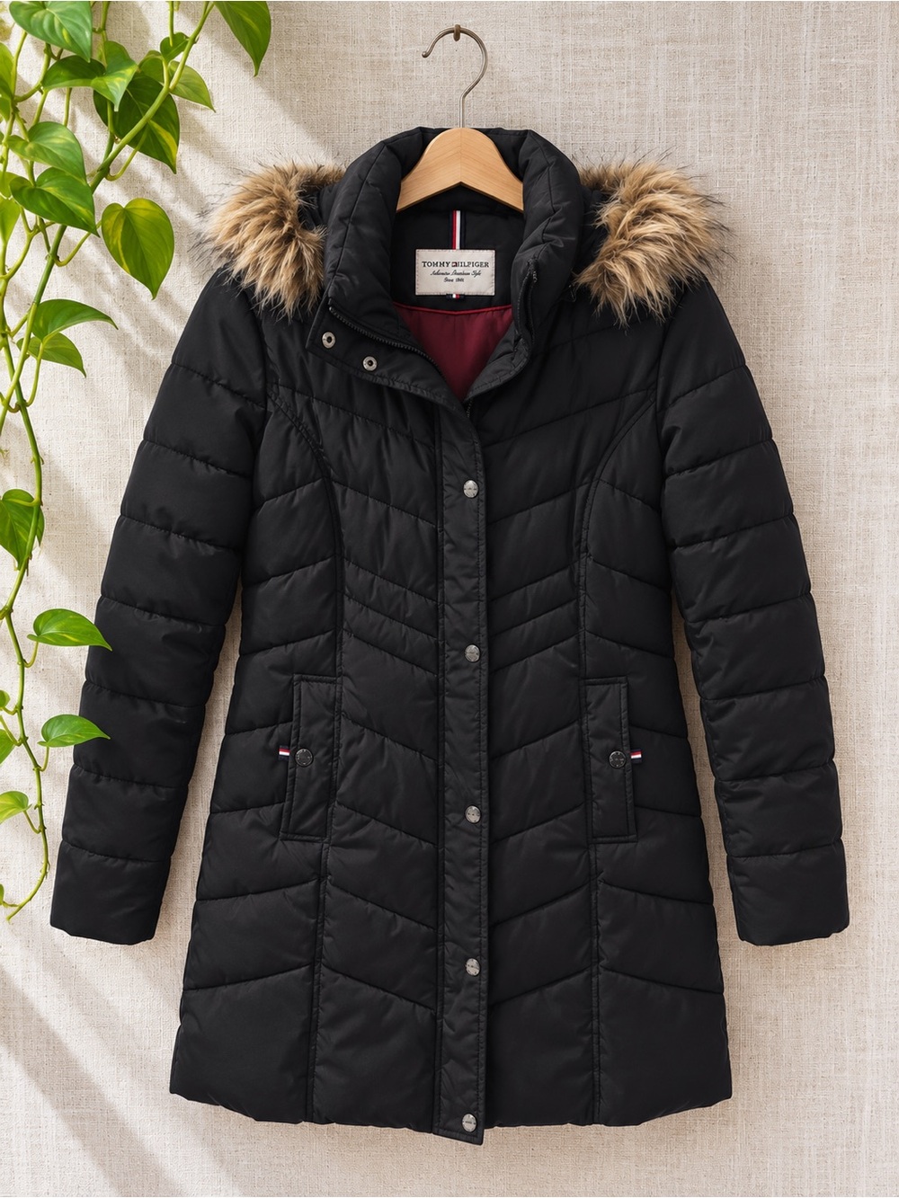 Tommy Hilfiger Black Quilted Puffer Coat with Faux-Fur Trimmed Hood